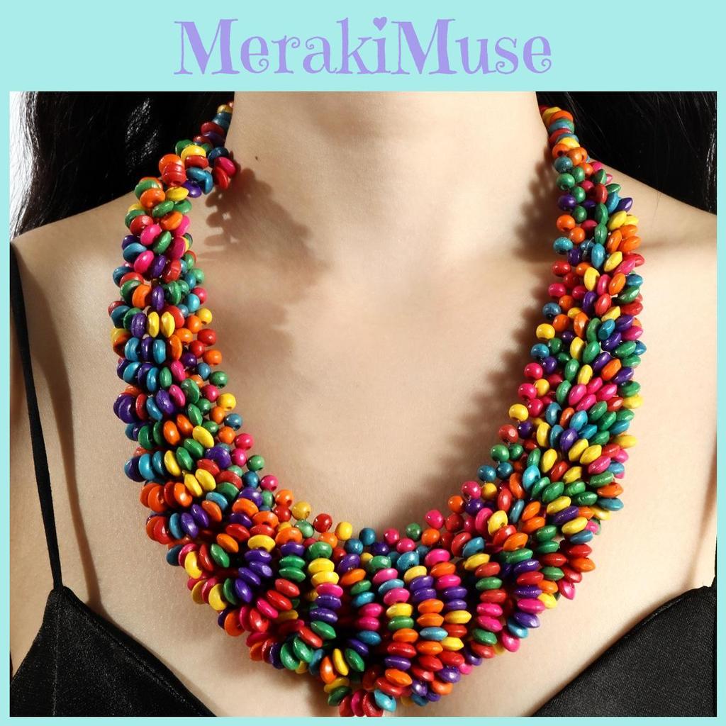 Colored Creative Wooden Bead Woven Necklace Neck Accessories For Holiday Gift