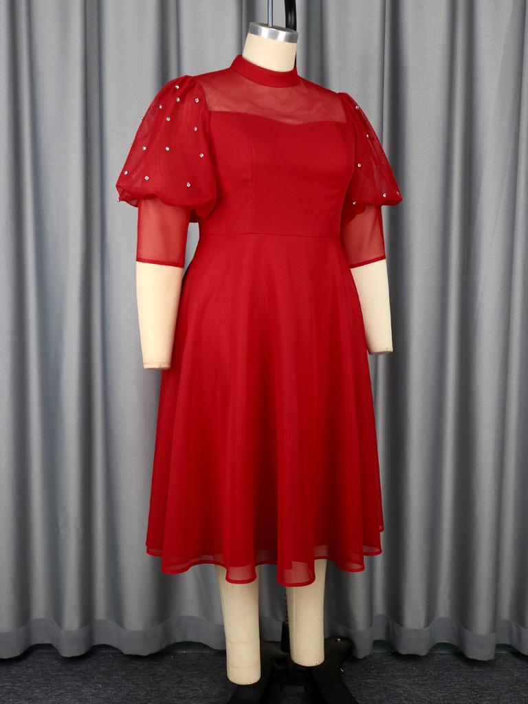 Plus Size Half High Collar A Line Midi Dress for Women with Sheer Puff Sleeve Perfect for Weddings Parties or Holiday Gatherings