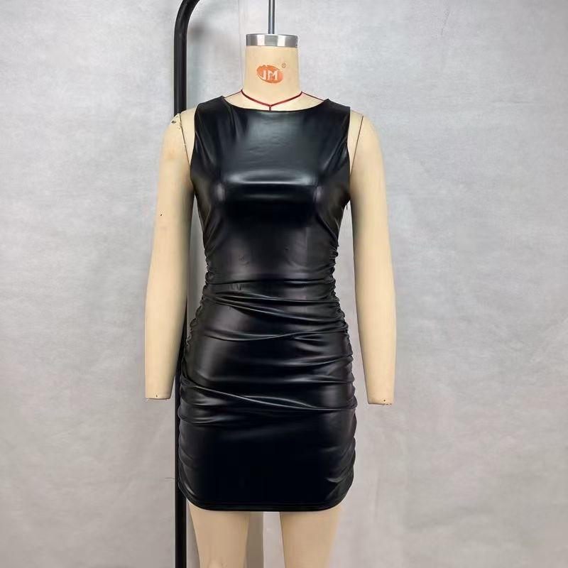 

Fashion Style Pure Color Sleeveless Ruched Waisted Slim-Fit Package Hip PU Leather Dress round Neck PU Dress Black S