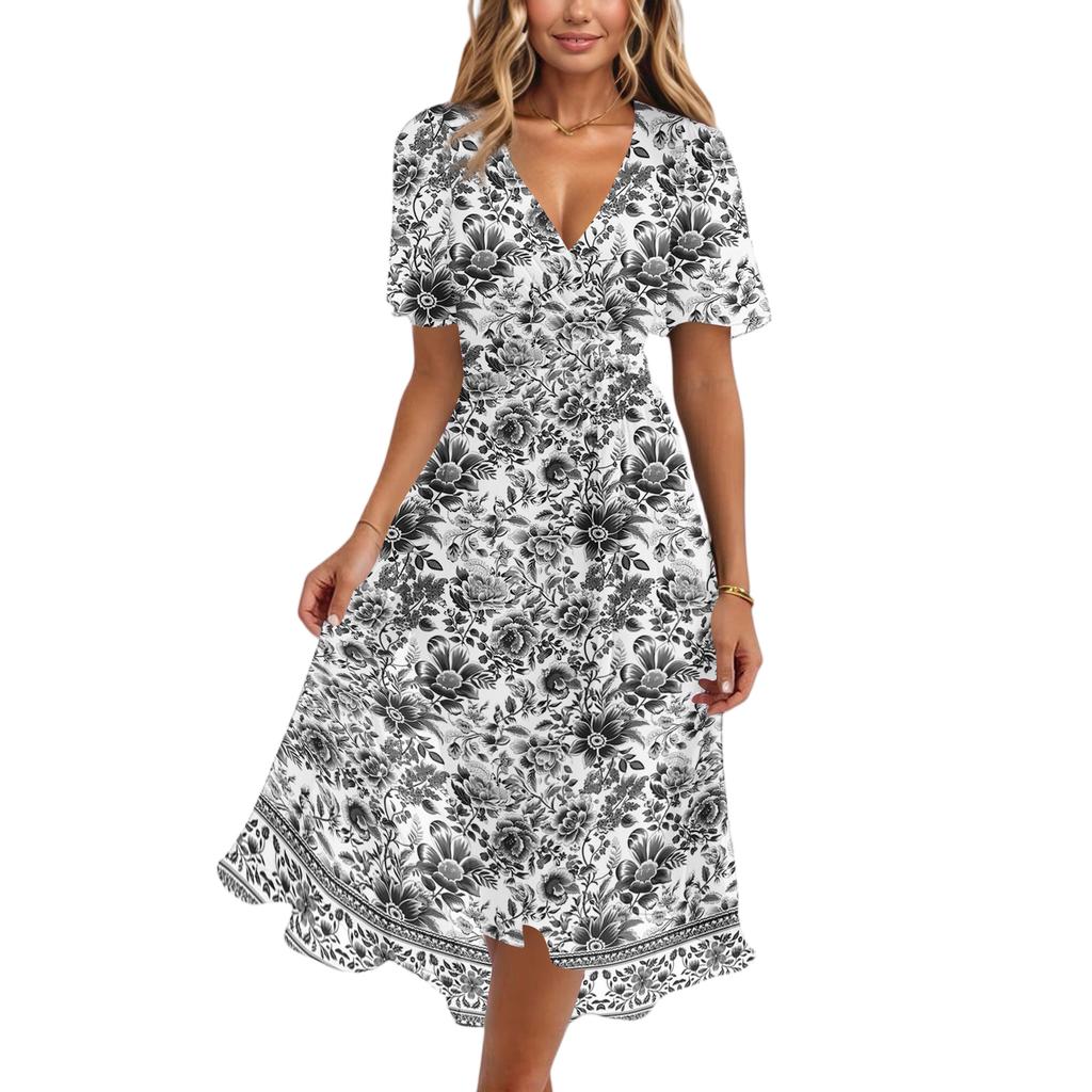 Women's Fashion Casual V Neck Short Sleeve Retro Floral Print Dress Midi Length Lightweight Summer Dress