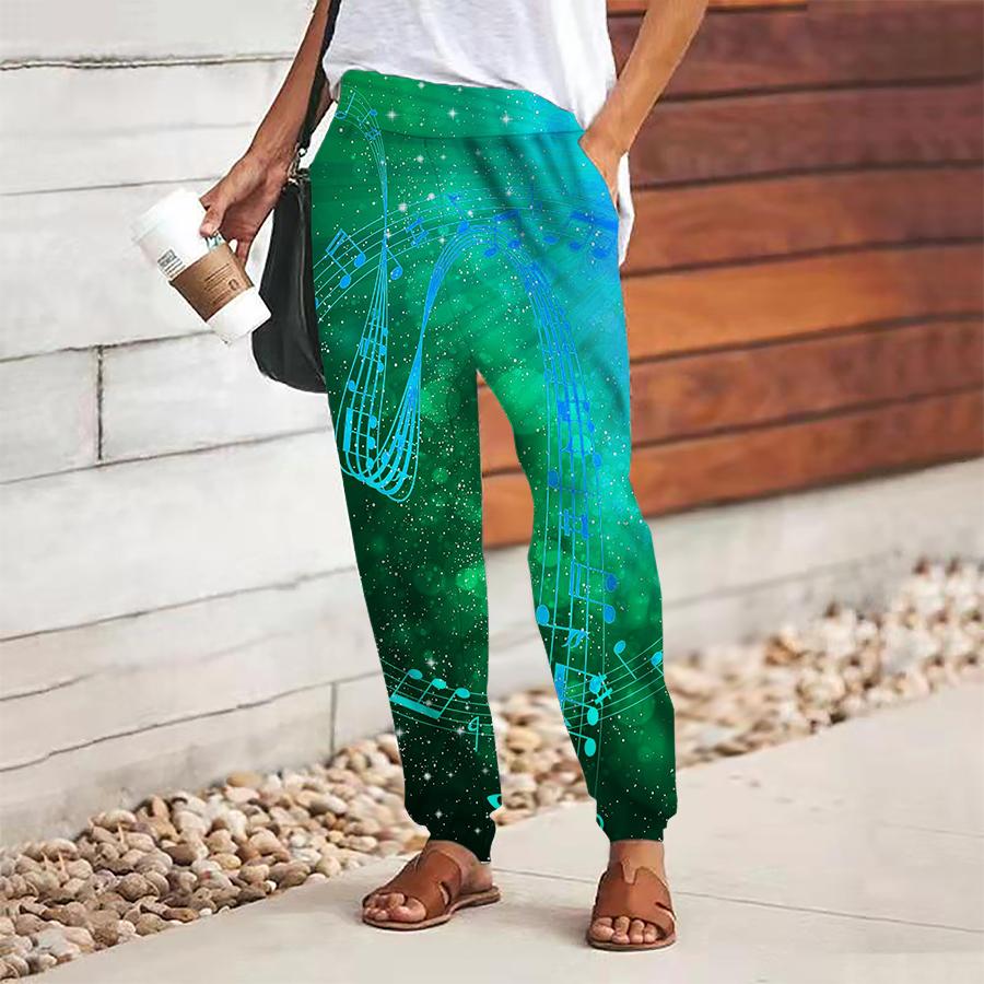 Women Abstract Printing Pants Lace Up Elastic Waist Loose  Trousers Casual Long Pants Trousers with Pockets