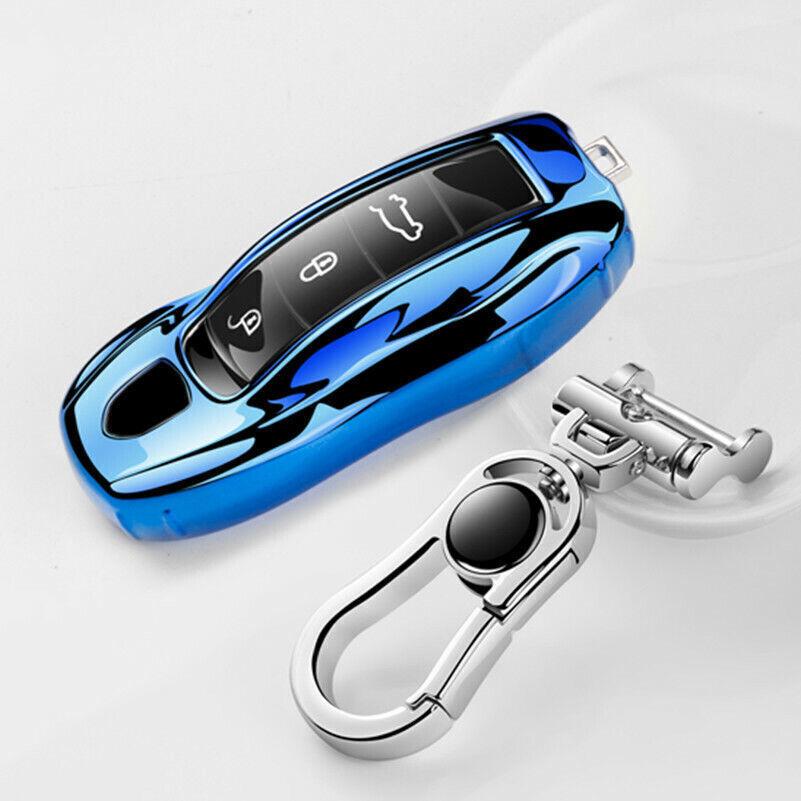 TPU Car Remote Key Cover Case Fob Shell For Porsche Panamera Cayenne Macan 911 Blue with Key Chain