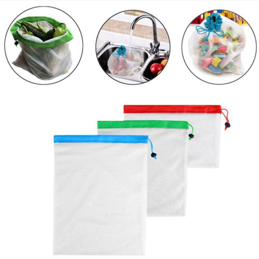 Reusable Food Bag with Drawing String Polyester Mesh Splicing Fruit Vegetable Pouch