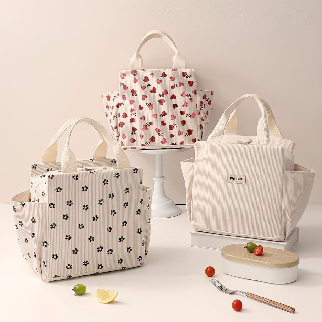 Corduroy Insulated Lunch Bag Large Capacity Reusable Tote With Handles And Zipper Multifunctional Durable Bento Box Carrier Floral Pattern Neutral