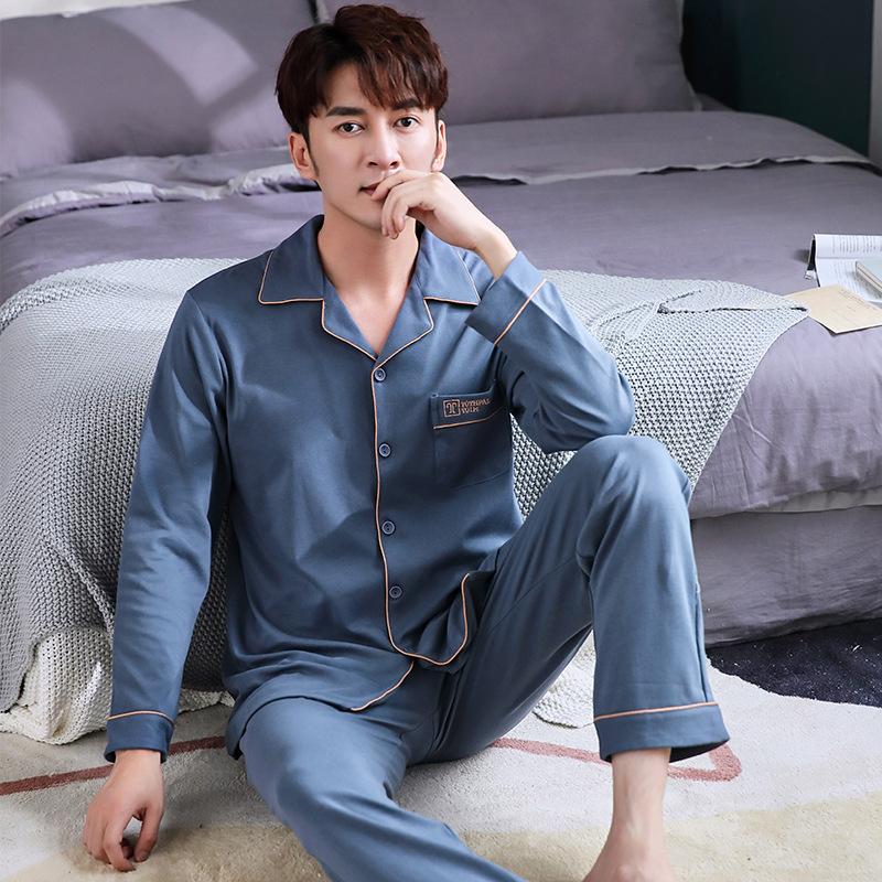 Solid Color Pajamas Men'S Spring And Autumn Pure Cotton Long-Sleeved Loungewear Men'S Autumn Cotton Thin Qingzhong Two-Piece Suit