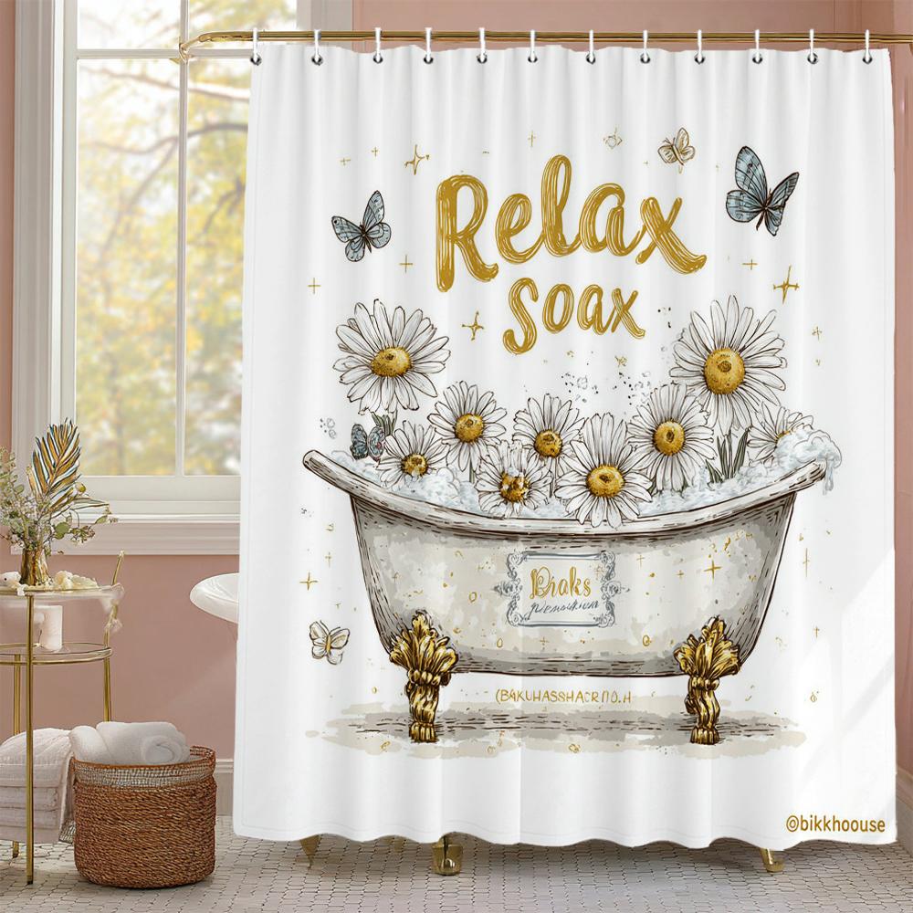 

Flower Butterfly In The Bathtub Shower Curtain, Bathroom Decorative Shower Curtain, Waterproof Shower Curtain With Hooks W60H190(CM)-1 Pcs