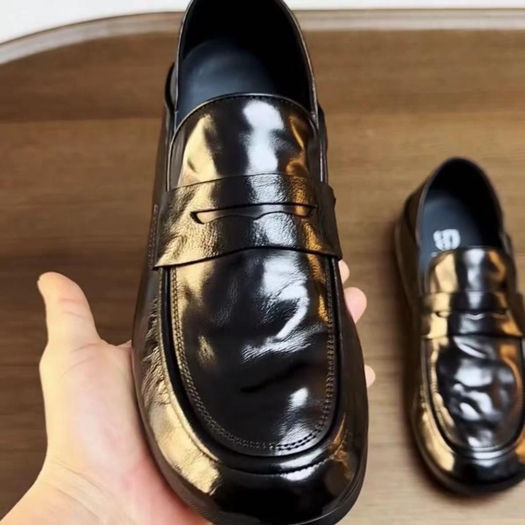 Spring new hand-scratched cowhide business casual loafers men's one-pedal leather shoes soft sole glue-free beanie shoes tide