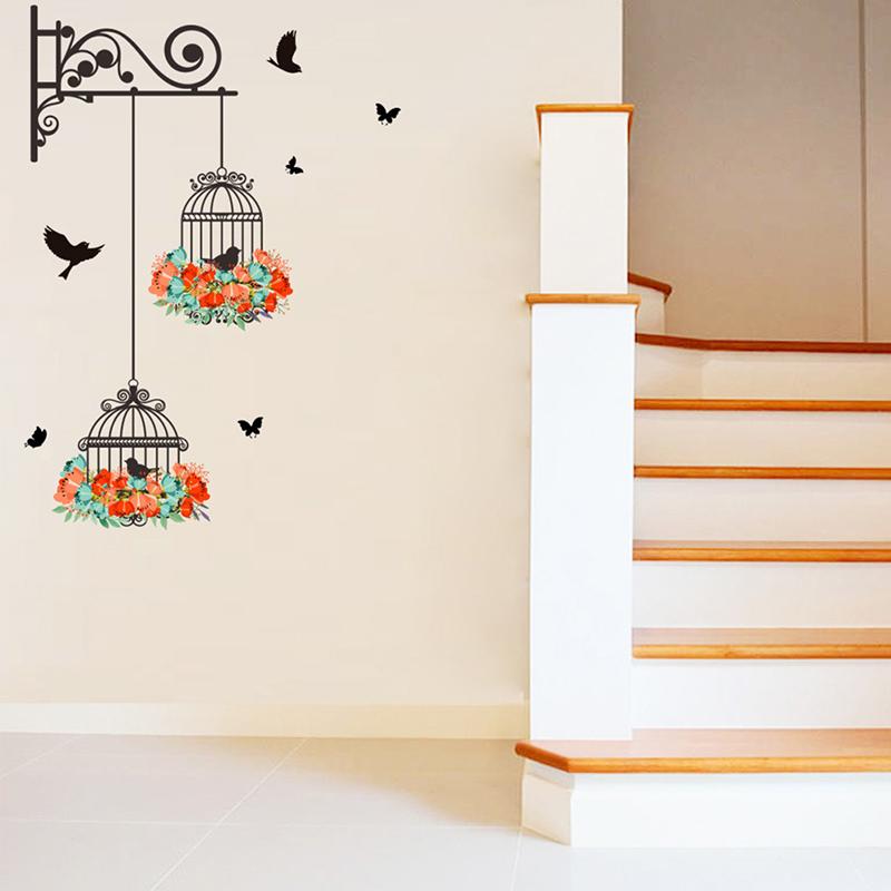 Colorful Flower Birdcage Flying Birds Wall Sticker Creative Home Decor Decals