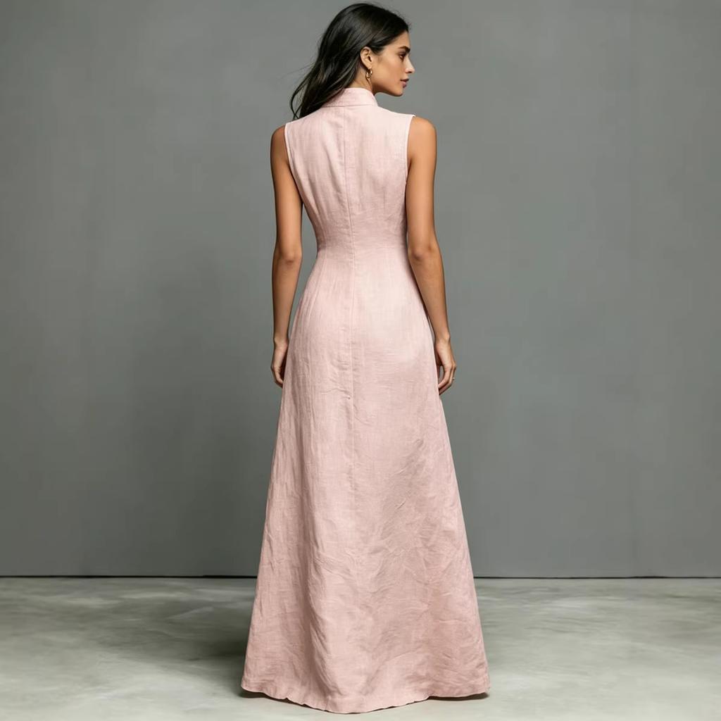 Damen ärmelloses Maxikleid mit hohem Kragen und Knöpfen, einfarbig, lässig, locker sitzend, Sommerkleid