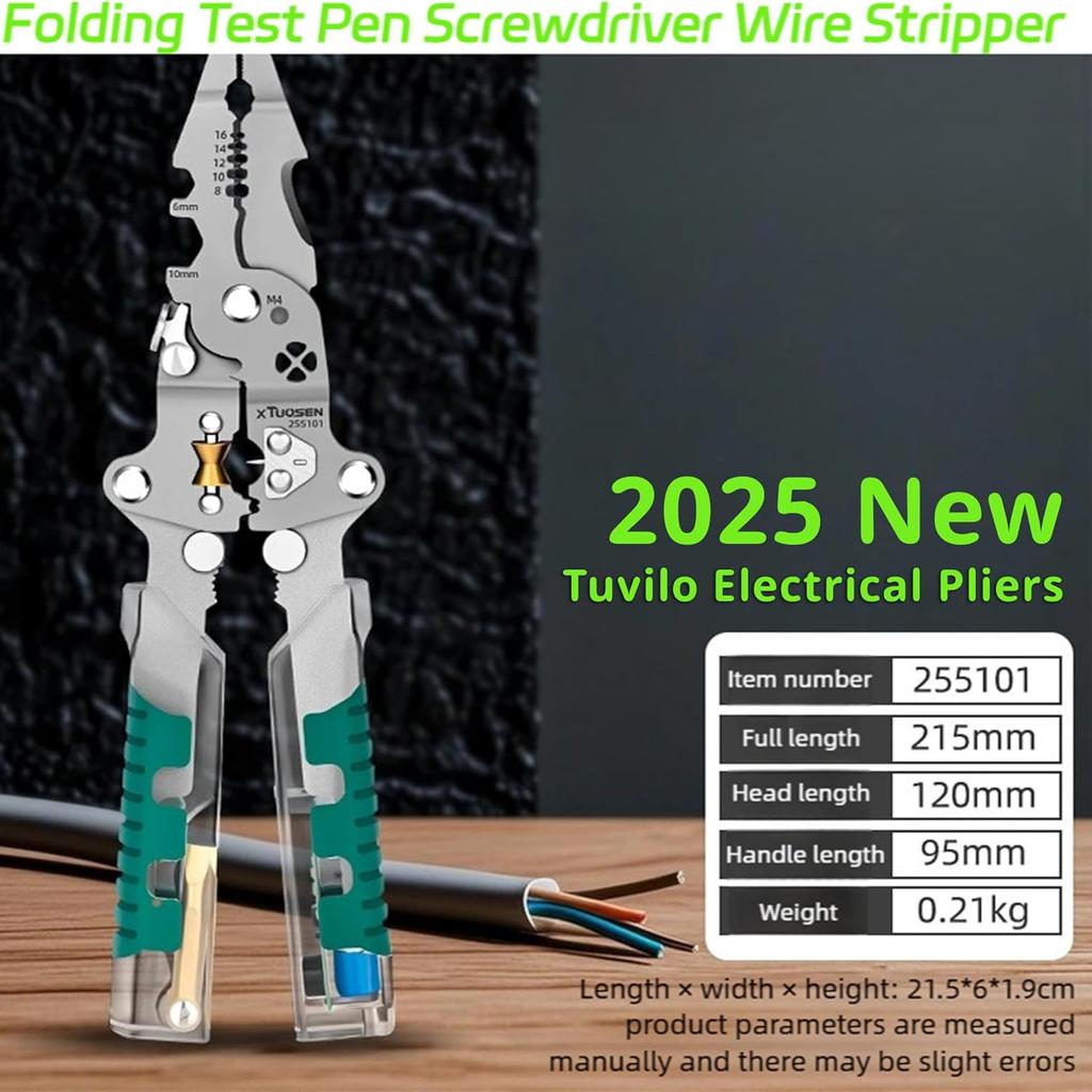 8-in-1 Electrical Pliers with Voltage Tester Multifunction Wire Stripper & Crimper Tool & Electricity Measurement, Ergonomic Grip