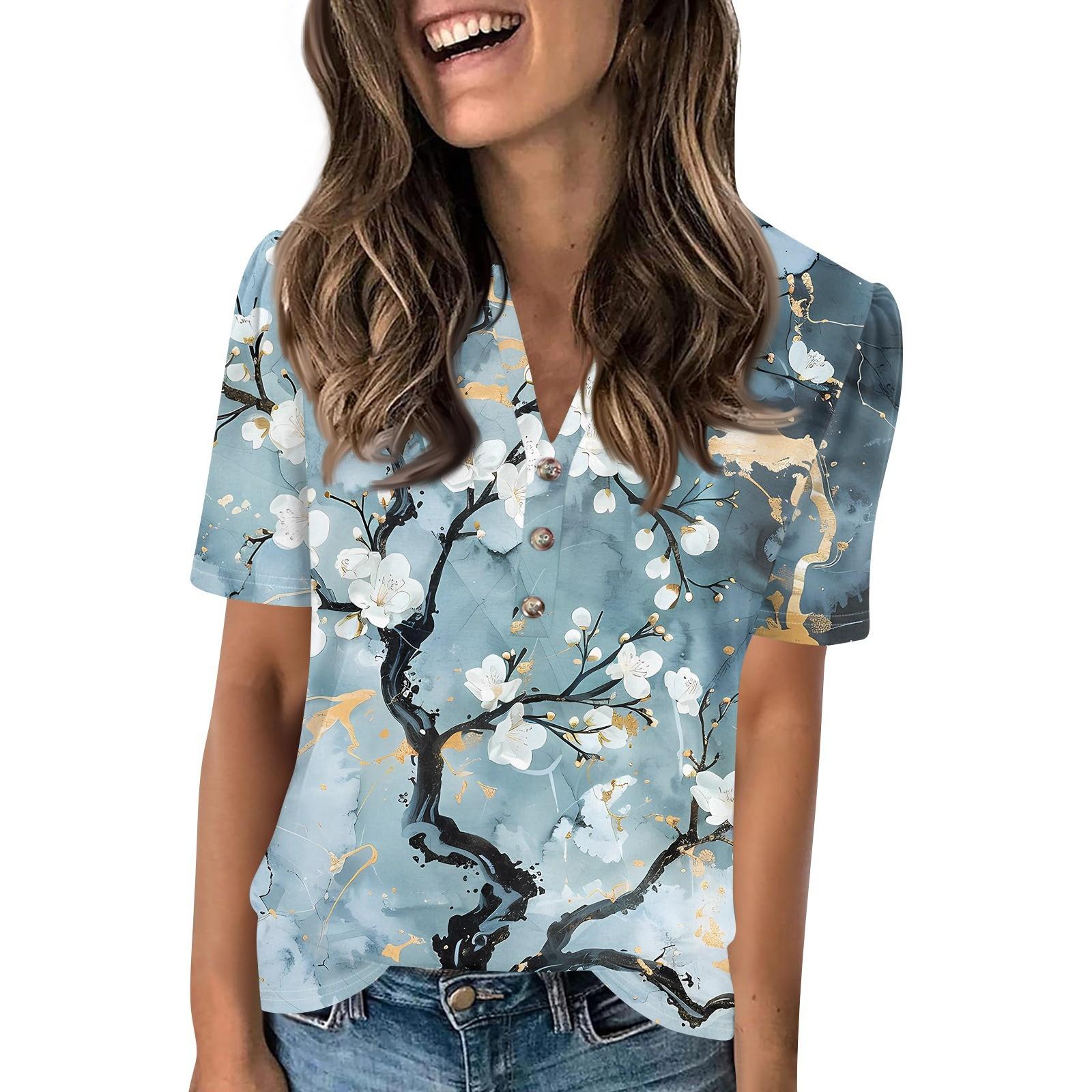 

Женский модный повседневный свитер с коротким рукавом и принтом на пуговицах и V-образным вырезом L циан