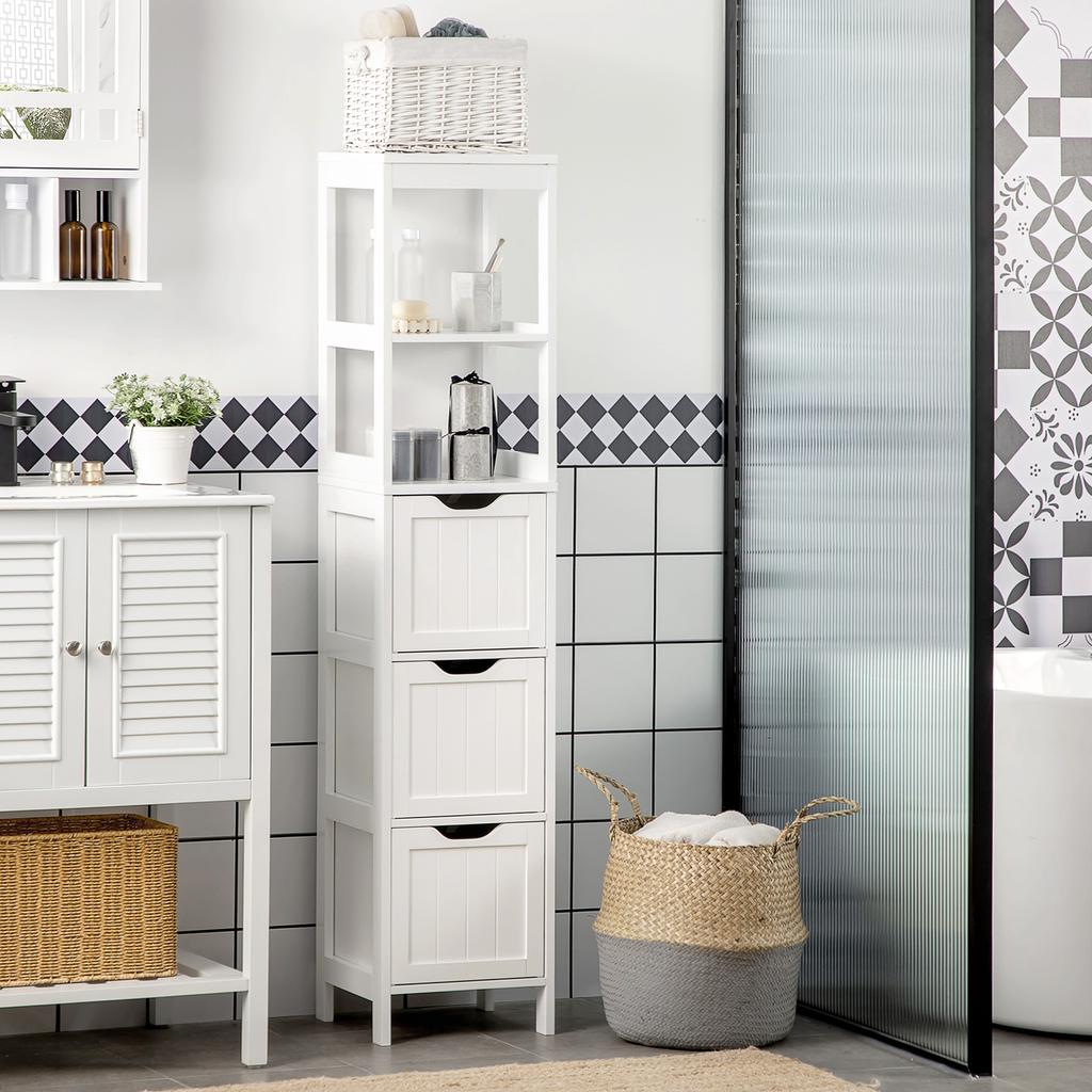 Narrow Floor Cabinet, Bathroom Cabinet with 3 Drawers and 2 Open Shelves, 30W x 30D x 141.6Hcm, White