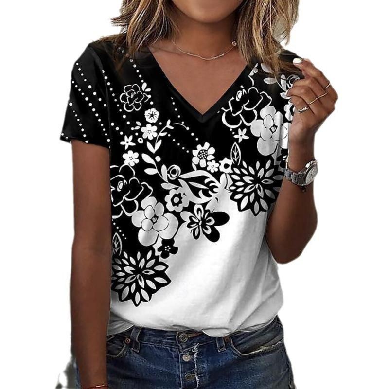 

V-neck T-shirt Loose Casual Rose Trend Print Women s Fashion Top Shirt 5XL
