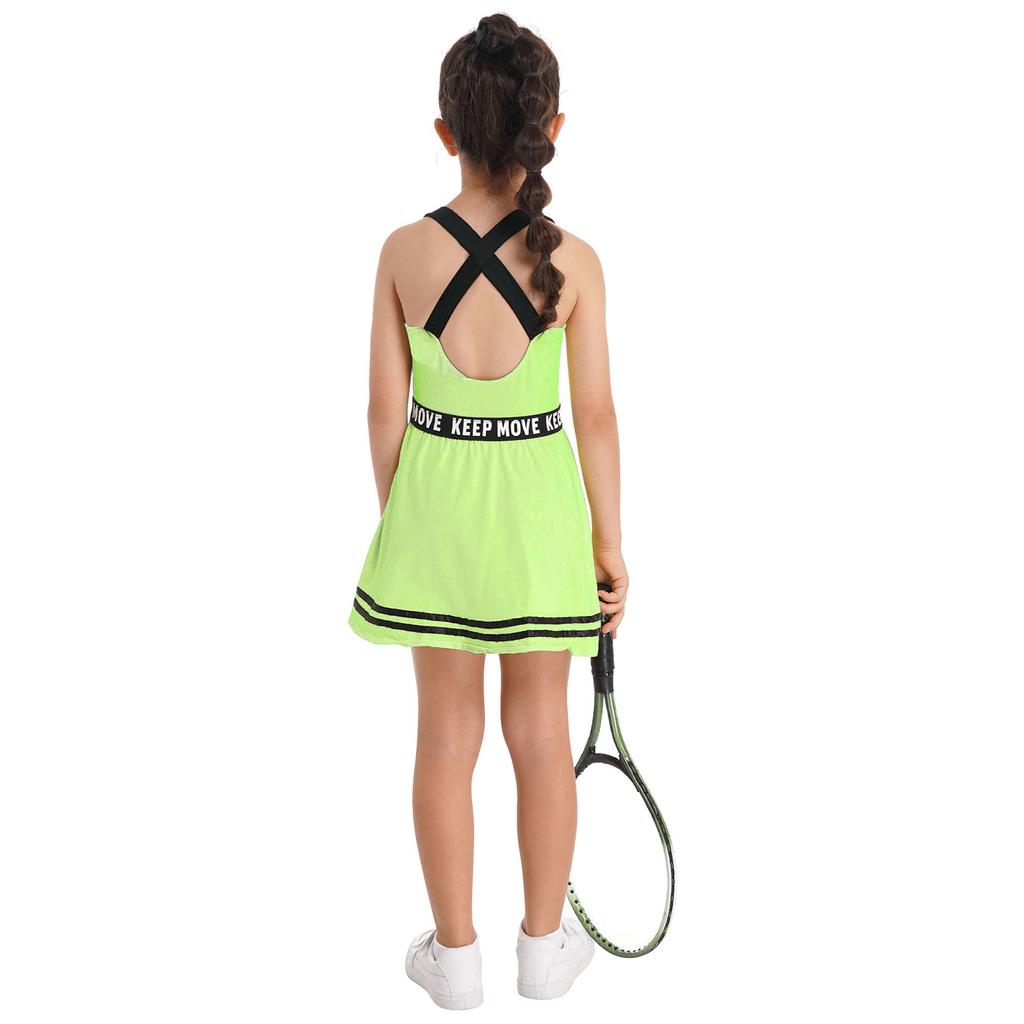 2-teiliges Sportkleid für Kinder, Mädchen, Träger, hinten überkreuzt, ärmellos, Buchstaben-Print, A-Linie, Kleid mit Shorts, Set für Fitnessstudio, Tennis