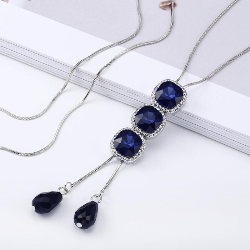 Women Snake Chain Pendant Necklace Crystal Rhinestone Long Tassel Sweater Chain For Woman Jewelry Accessories Mujer синий