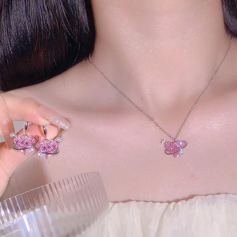Pink Heart Pendant Necklace Earrings Women's Fashion Shiny Zircon Stud Earring Necklace Romantic Party Wedding Zircon Sets