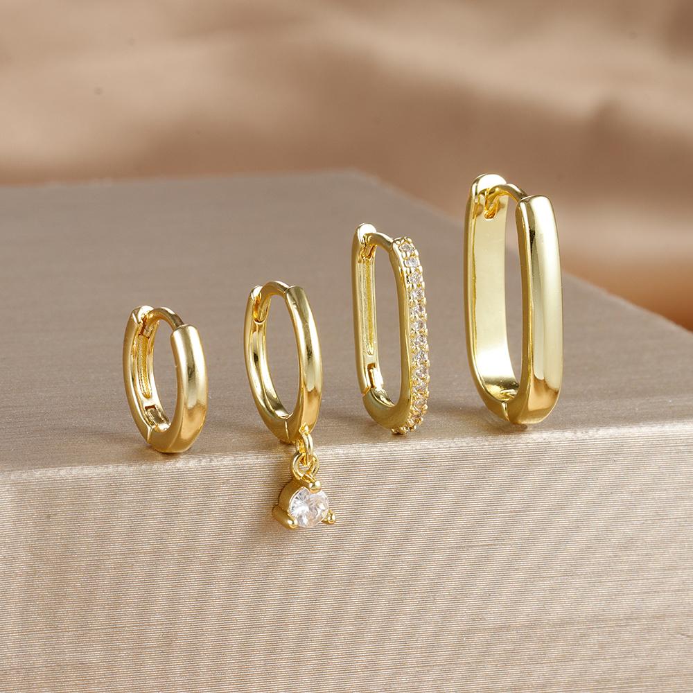 4PCS Luxury Gold Plated U-shape Hoop Earrings Set for Women Geometric Pendant Huggie Punk Unisex Rock Earring Piercing Jewelry