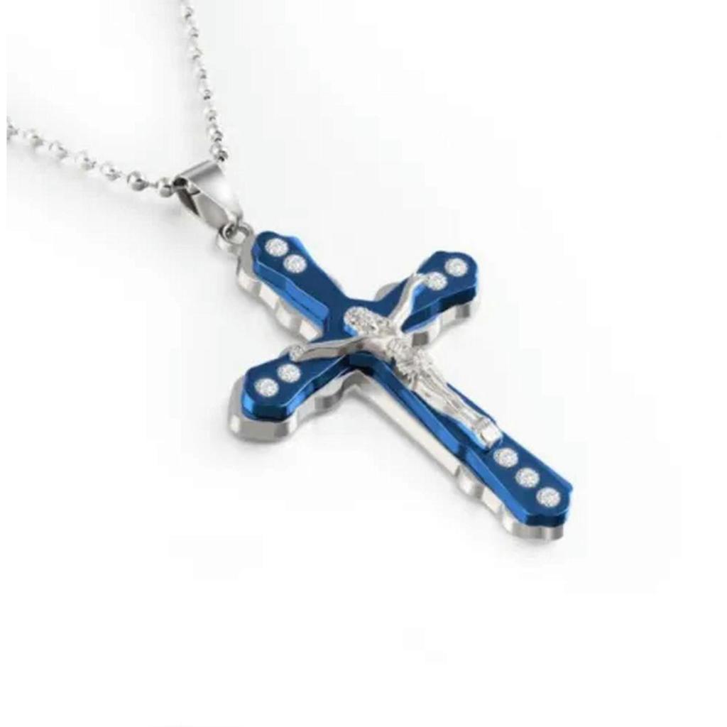 Mens Women Chain Necklace Black Cross Stainless Steel Pendant Crucifix Jesus UK-Blue