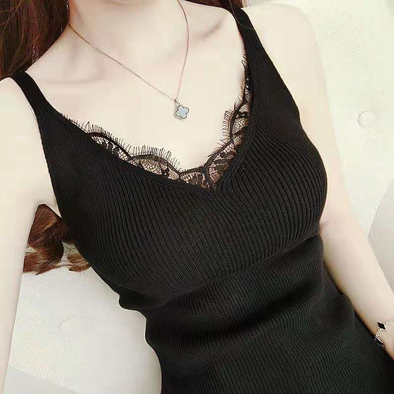 

Жіноча майка з льодяного шовку з мереживною обробкою - Сексуальний трикотажний жилет з V-подібним вирізом S чорний