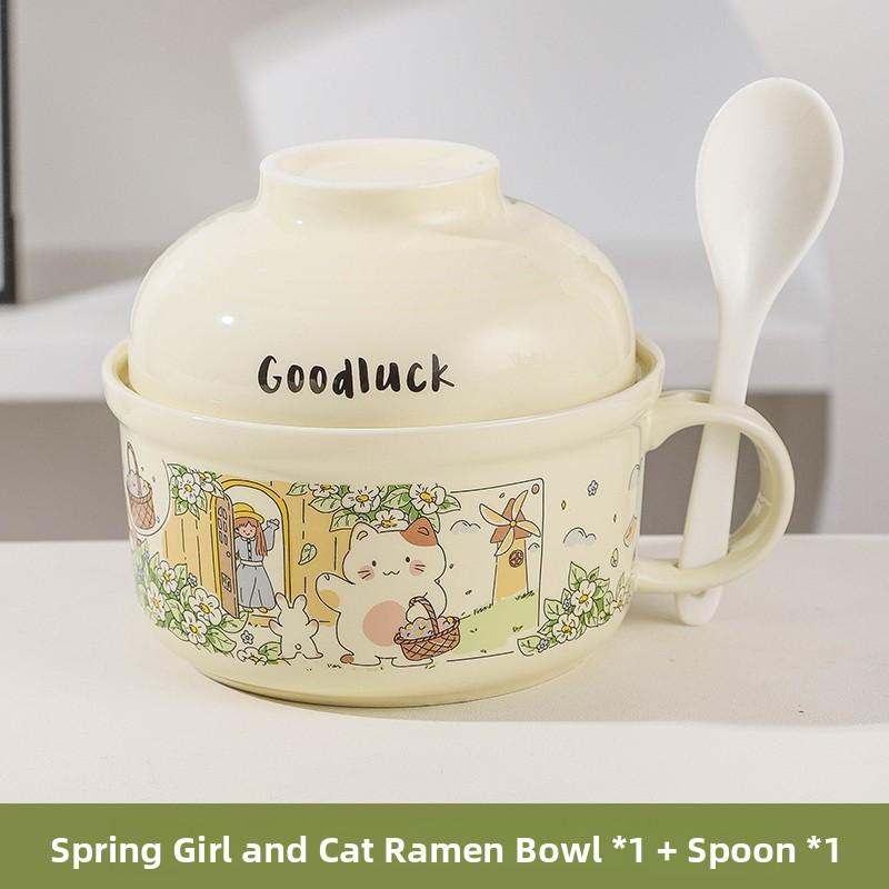 Ceramic Instant Noodles Bowl with Lid And Handle Dormitory Student Microwave Safe Soup Bowl Personal Special Bowl Cartoon Design