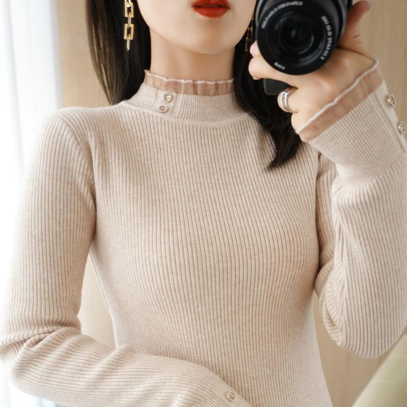 Knitted Sweater Autumn and Winter New Semi High Neck Sweater Women's Pullover Long Sleeved Slim Button Top