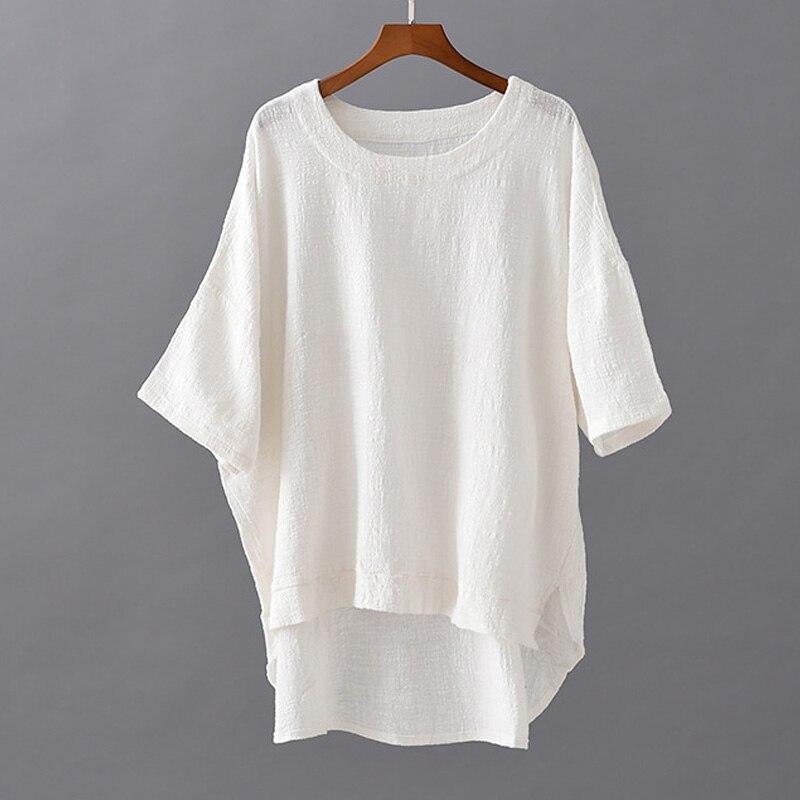 Women Vintage Cotton Linen T-Shirts Solid Color Irregular Summer O-Neck Simple All Match Short Sleeve Tops