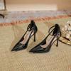 Heels for Ladies Thin Heel Pointed Metal Toe High Heels Women's Hollow Solid Color Patent Leather Commuter Work Shoes Women