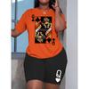 Large-size Casual Fashionable Printed Black Short-sleeved Shirt + Shorts. Letter Design. Sportswear. Queen. Poker Print