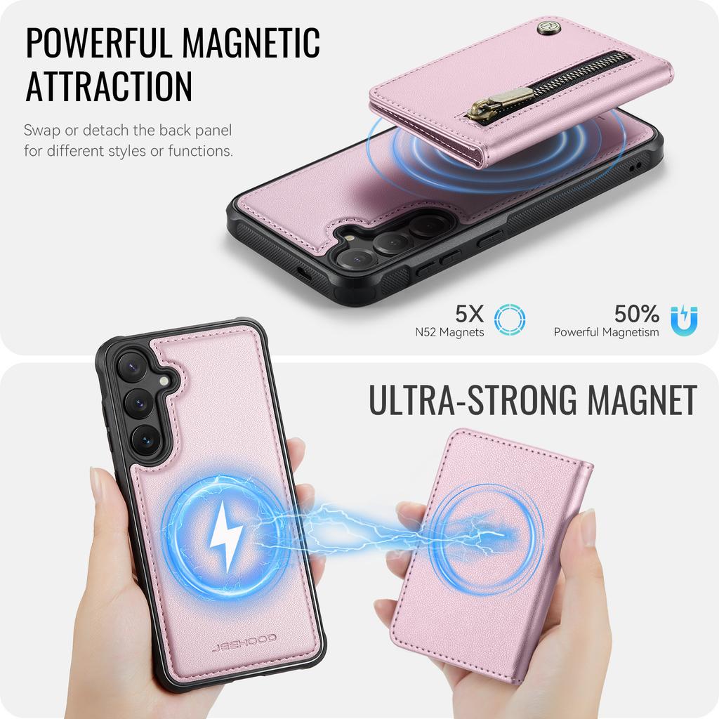 For Samsung Galaxy S26 Case JEEHOOD J12 Magnetic Detachable Zipper Wallet Kickstand Leather Back Cover Compatible with MagSafe