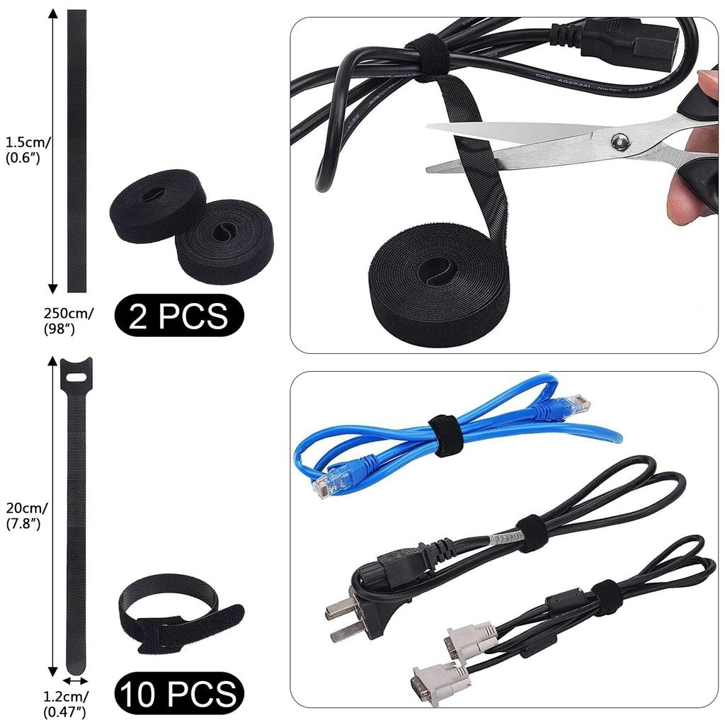 SOULWIT 200PCS Cable Management Kit: 4 Cable Sleeves, 7 Cable Holders, 37 Cable Clips, 20 Nail Cable Clips, 20+2 Magic Cable Ties, 10 Velcro Cable Tie