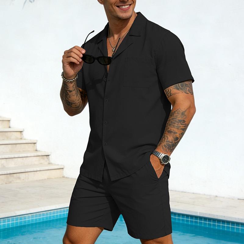 Conjunto Informal de Dos Piezas para Hombre: Camisa de Manga Corta con Solapa de Color Sólido y Pantalones Cortos
