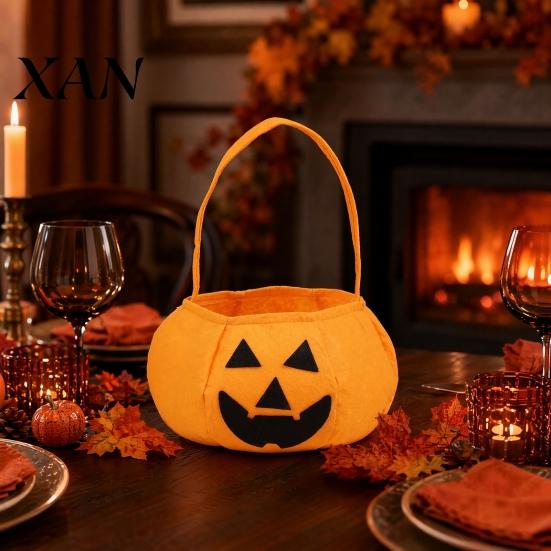 Candy Bucket Halloween Pumpkin Bag for Kids, Reusable Non-Woven Trick or Treat Bucket, Portable Storage Face Snack Holder Basket with Handle