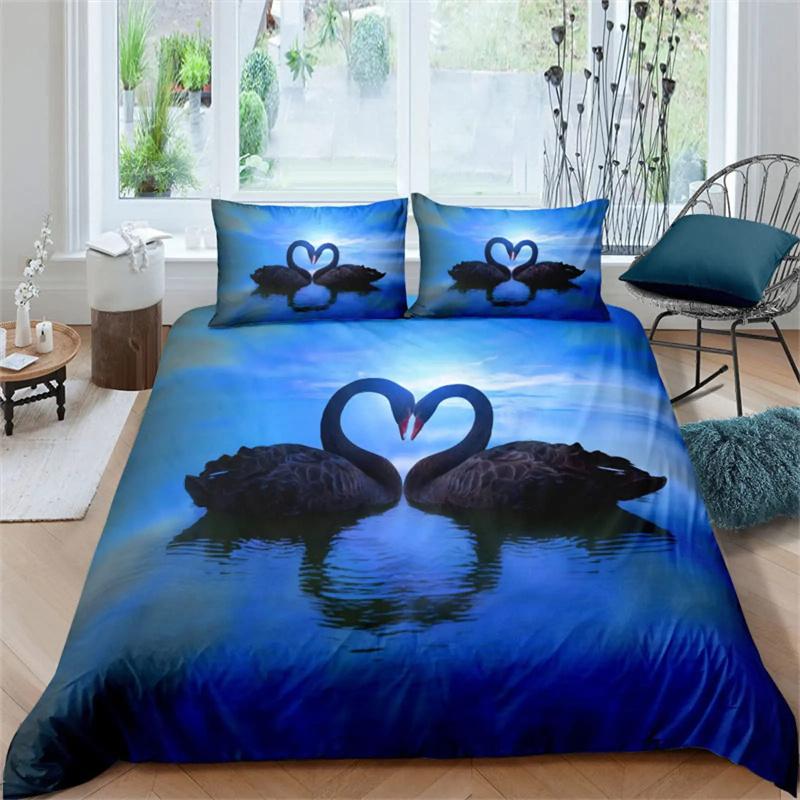 Husa de plapumă cu trandafir roșu și lebădă neagră și albă Cuvertură romantică cu flori Paturi cu animale sălbatice pentru decor cameră de zi Femeie Doamnă Nuntă