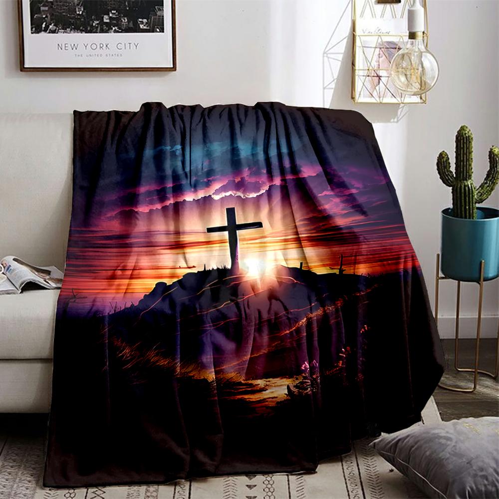 Sunset Cross Scenic Art Flannel blanket for bedroom, living room, sofa, and nap