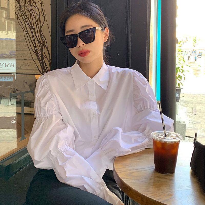 Puff Long Sleeve Women's Shirt White Elastic Pleated Turn Down Collar Blouse Korean Style Spring New Version Loose Sweet Female Top