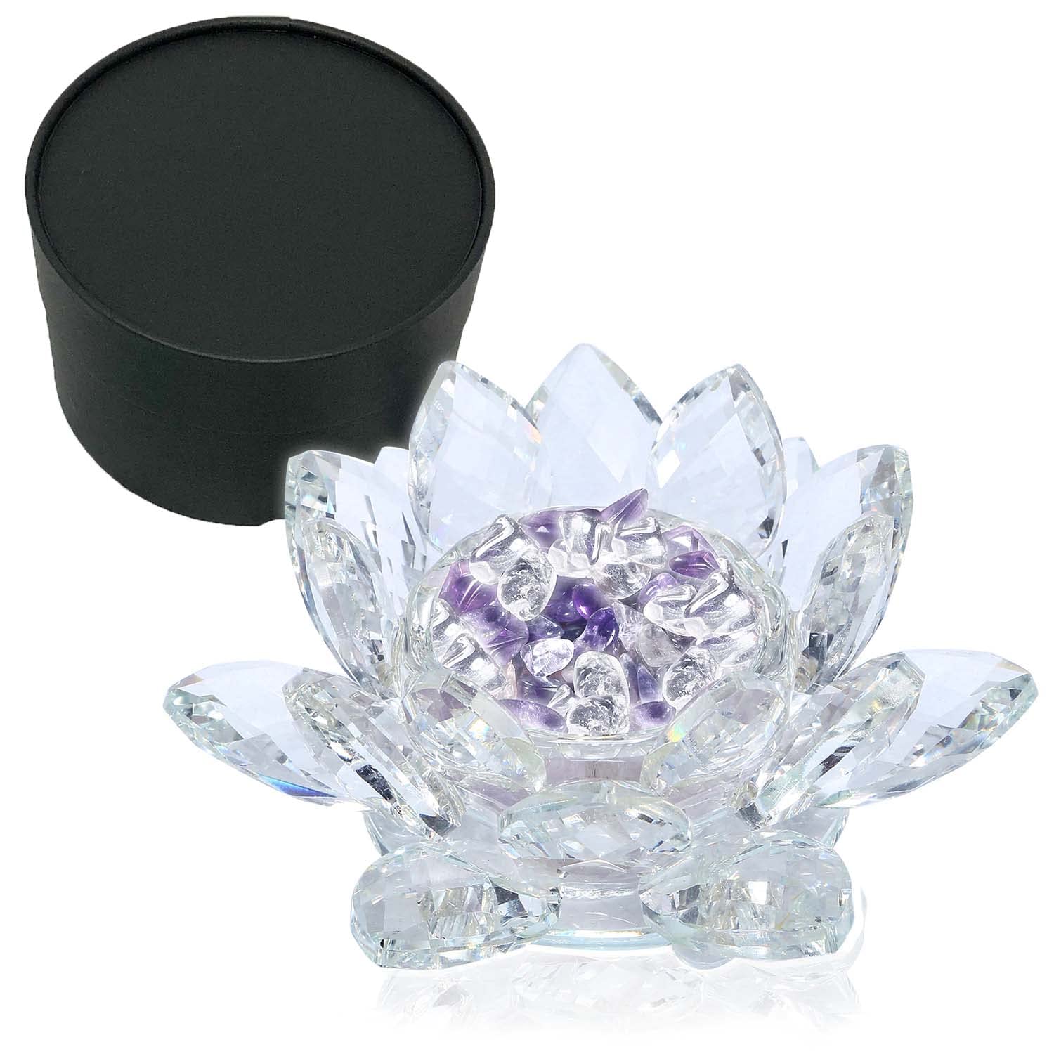 

Lotus Flower Suncatcher Crystal Ornament with Amethyst and Pebbles, Purifying, Feng Shui, Entryway, Wealth, and Healing Object (Clear)