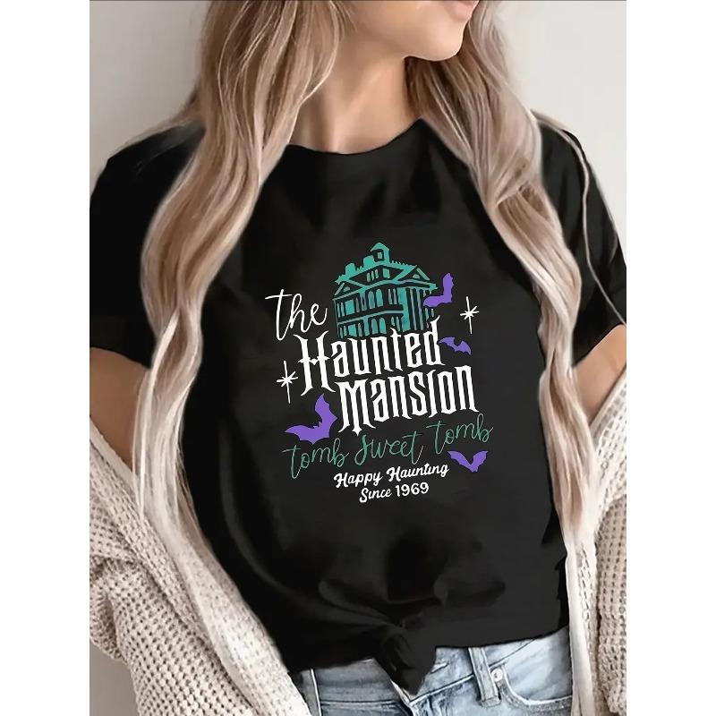 

Women s Haunted Mansion Print Cotton Short Sleeve T-Shirt Lightweight Halloween Casual Tee 4XL чорний