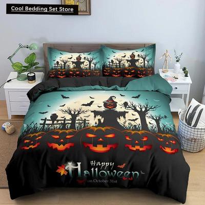 Glad Halloween King Queen Påslakan Orange Pumpa Sängkläder Set Barn Tonåringar Vuxna Fladdermöss Skräck Festival Polyester Quiltöverdrag