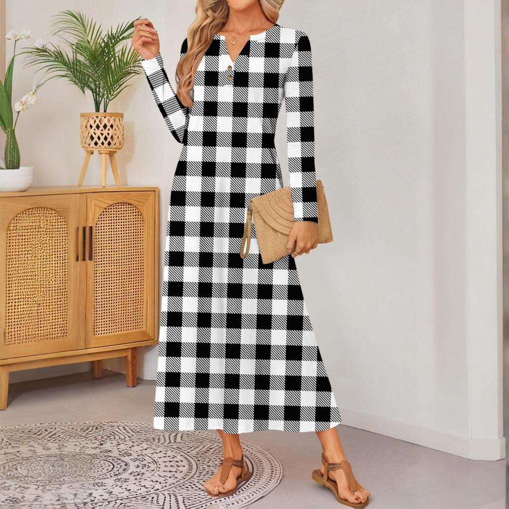 Rochie confortabilă largă cu mânecă lungă, cu imprimeu retro pentru femei, rochie elegantă