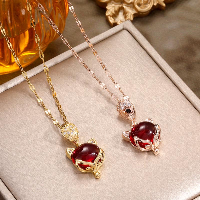 Ruby & Diamond Fox Pendant Titanium Steel Necklace - Women's Fashion Versatile Clavicle Chain Jewelry