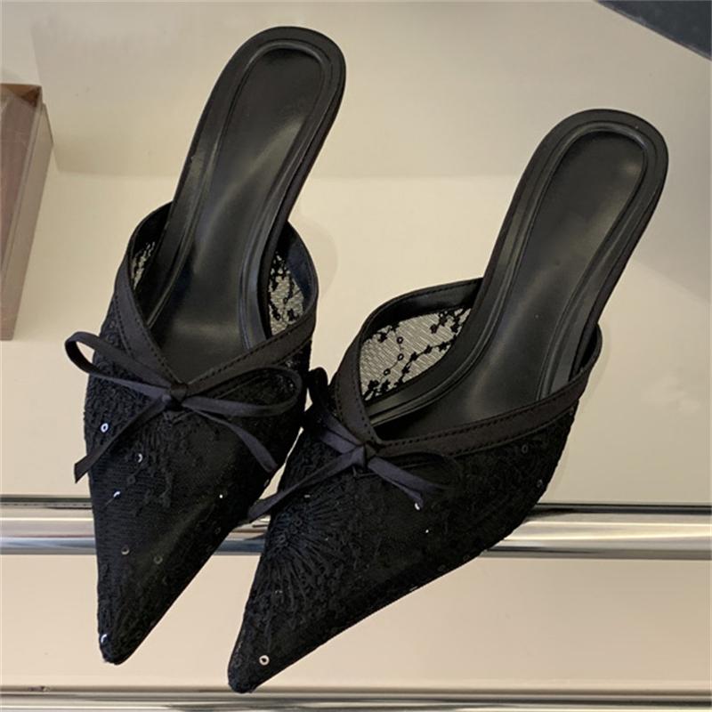 Eilyken Butterfly-knot Thin Low Heels Women Slippers Fashion Elegant Breathable Mesh Pointed Toe Mule Summer Shoes