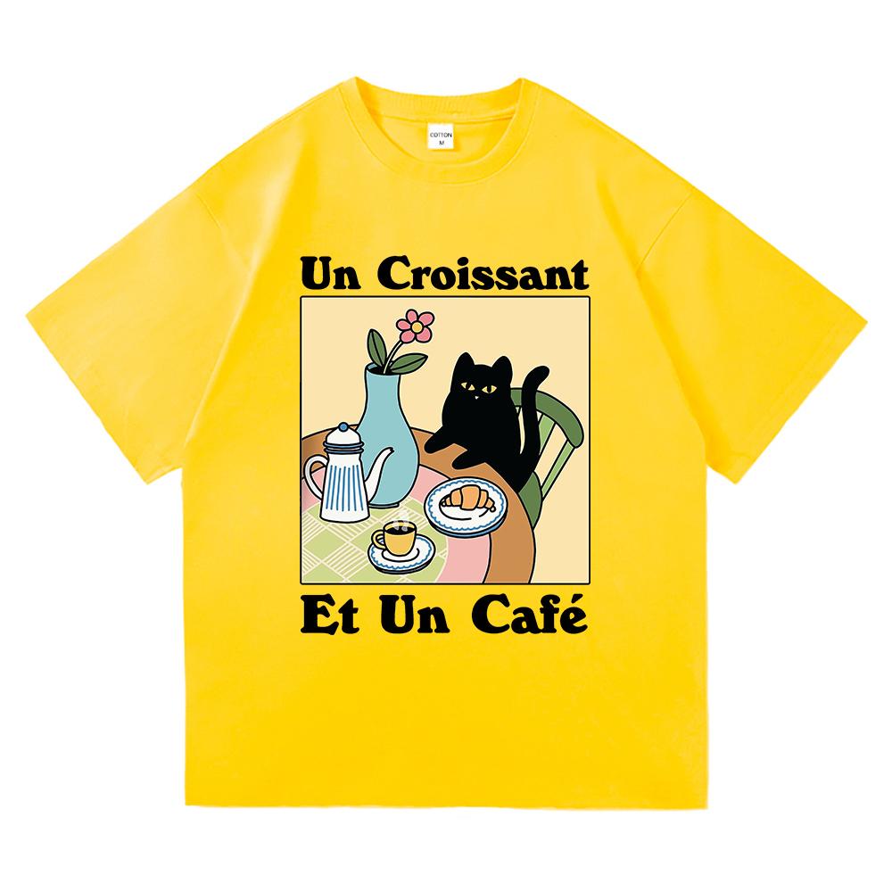 Vintage French Cafe Cat T Shirt Fashion Men/Women Funny Letter Un Croissant Et Un Cafe T-Shirt High Quality Cotton Tees Shirts