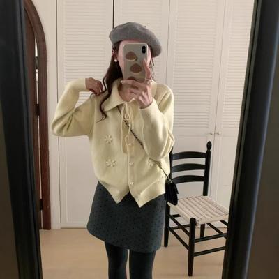 Design Sense Crochet Lapel Lace-up Solid Color Knitted Jacket Women's Simple Long-sleeved New Knitted Top Women