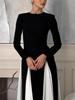 2024 Autumn/Winter Women's Retro High Waist Evening Dress - European & American Style, Color Block, Long Sleeve, Round Neck, Slimming Temperament.