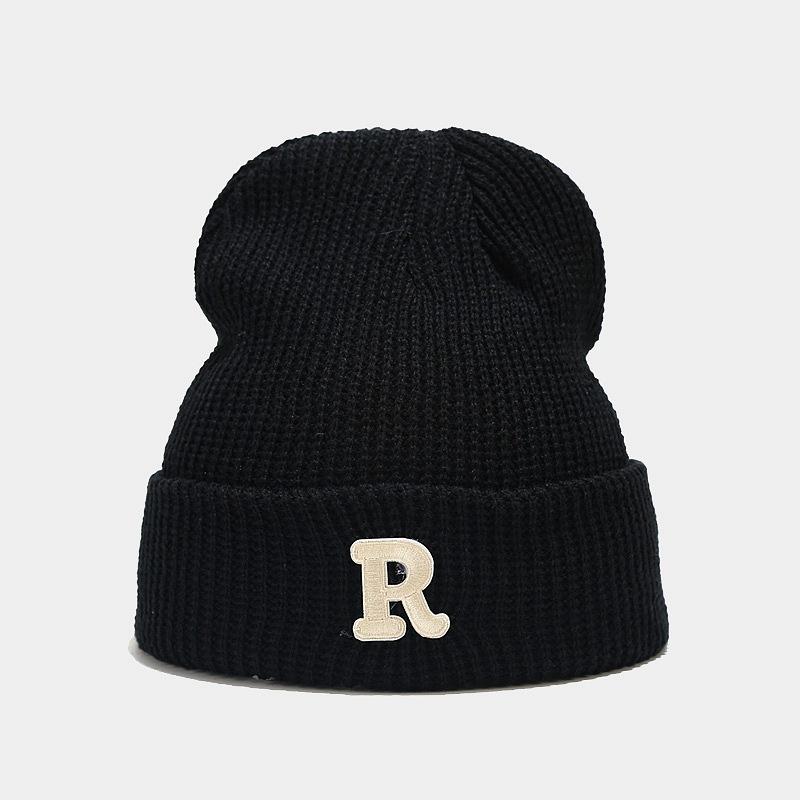 Updated Letter R Embroidery Beanie Hats for Women Girl Autumn Winter Elastic Knitted Skullies Leisure Outdoor Use Ear Warmer Pullover Hat