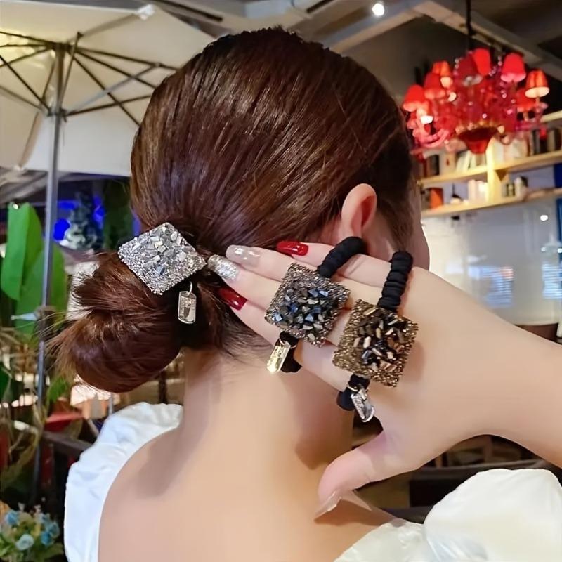 Korean Style Rhinestone Heart Hair Tie Four-Leaf Clover Square Hair Tie Easy Temperament to Tie Hair Rubber Band