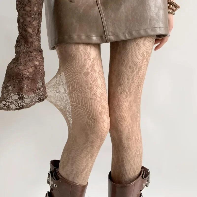 Floral Pattern Brown Fishnet Pantyhose Women Sexy Coffee Hollow Out Mesh Tights Y2K Lolita Nylon Transparent Lace Stockings
