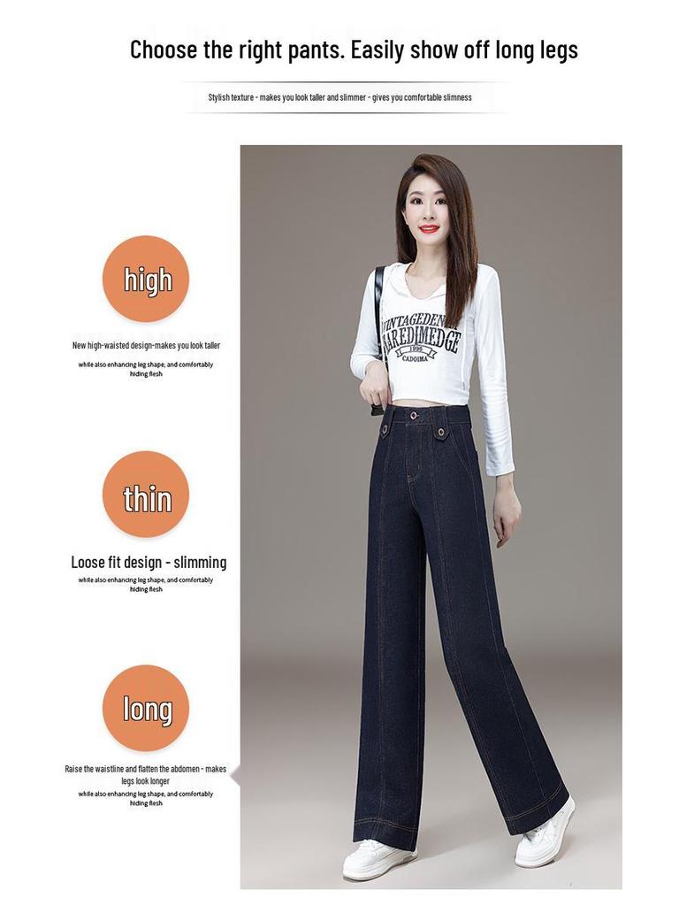 New Spring/Autumn 2026 Deep Blue High-Waisted Patchwork Wide-Leg Denim Pants for Women