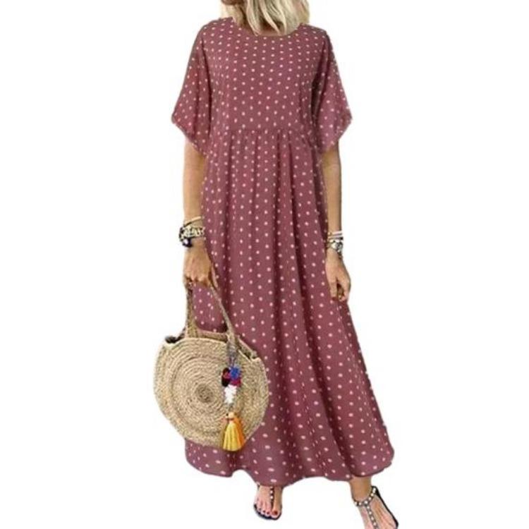 Summer Maxi Dress Women Casual Short Sleeve Crew Neck Long Beach Sundress Dot Print Pleated Swing Dress