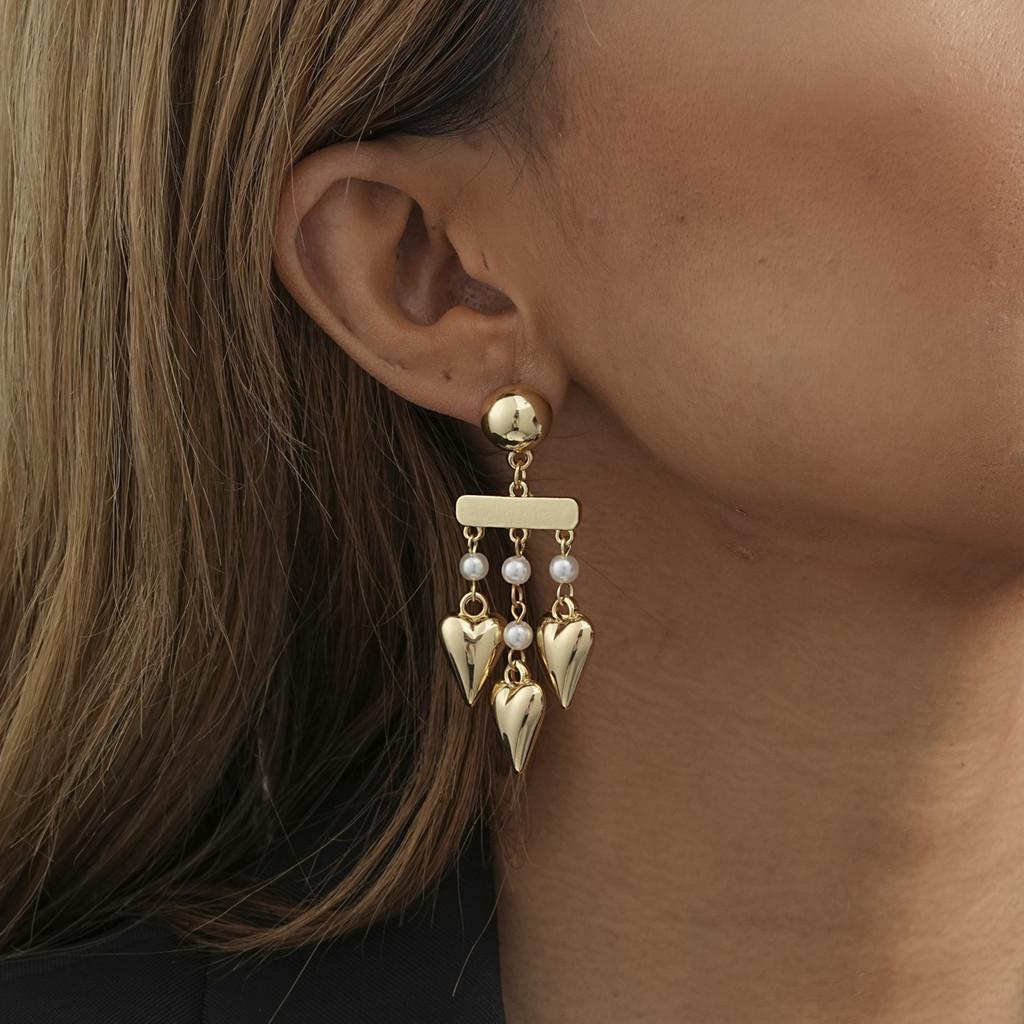 Fashionable Gold Geometric Heart Dangle Earrings With Faux Pearl For Ladies